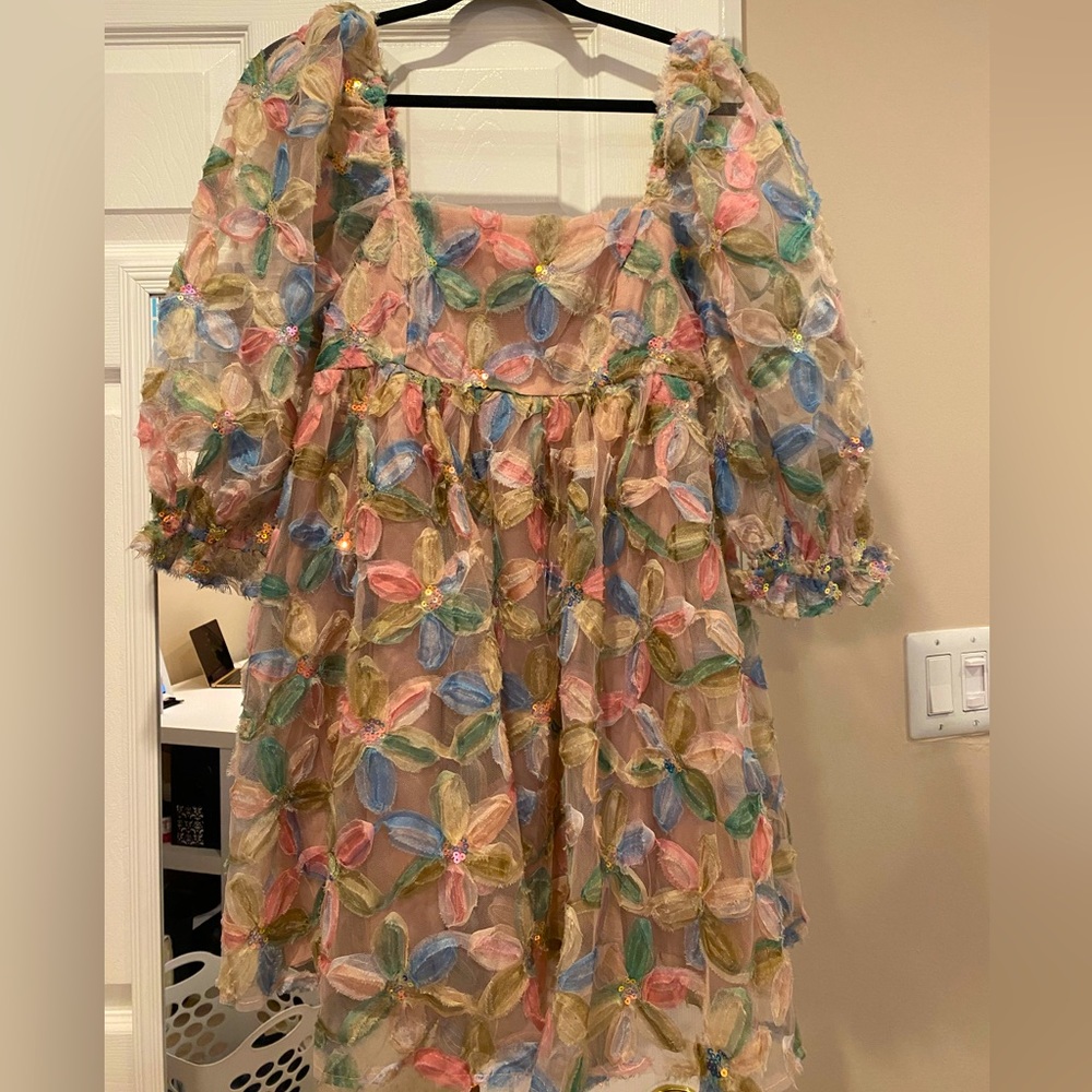 Multicolor, floral, sequin, puff-sleeve mini babydoll dress